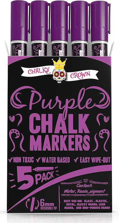 CHALKY CROWN Liquid Chalk Marker Pen - Dry Erase Marker - Chalk Markers for Chalkboard Signs, Windows, Blackboard, Glass - 6mm Reversible Tip (Purple, 5 Pack)
