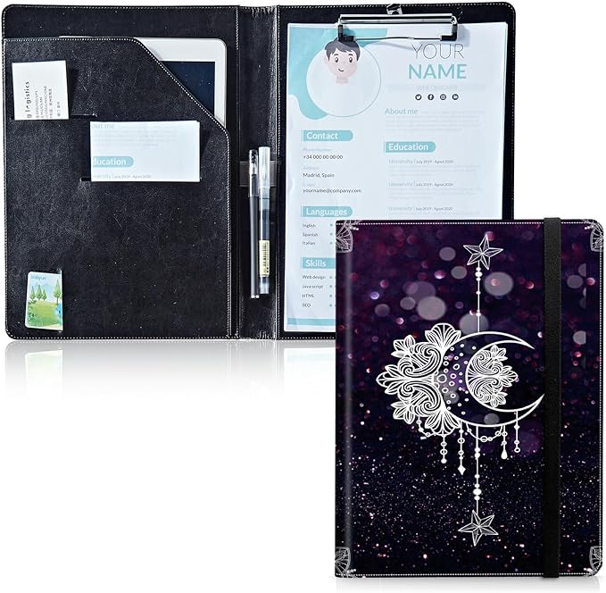 Padfolio Folder with Clipboard,Portfolios Organizer Clipboards with Storage Clipboard Writing Pad PU Leather Conference Document Organizer with Business Card Holder,Moonflower