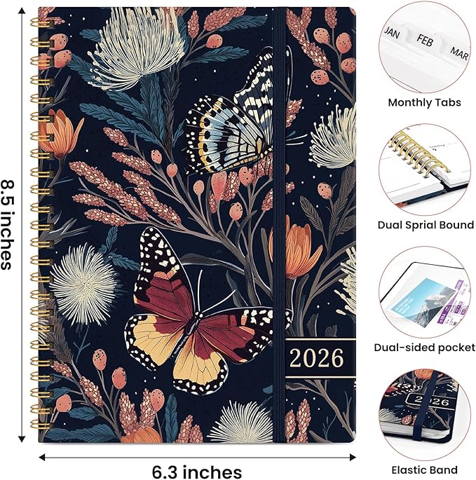 2026 Planner, Weekly and Monthly Planner for Women, January 2026 to December 2026, Pretty Hardcover 2026 Calendar Planner Book with Tabs, Inner Pocket, Spiral Bound, Perfect Office Home School Supplies - 6.3" x 8.5", Flutter Bloom