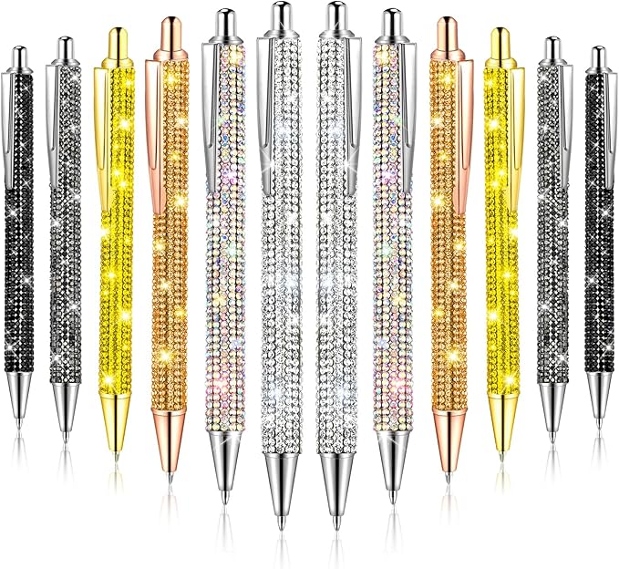 12Pcs Rhinestone Pens Bling Metal Ballpoint Diamond Pens Bulk Fancy Sparkly Crystal Press Retractable Black Ink 0.7mm For Women Office Meeting Birthday Supplies Wedding Gifts(6colors)