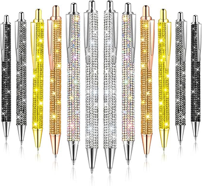 12Pcs Rhinestone Pens Bling Metal Ballpoint Diamond Pens Bulk Fancy Sparkly Crystal Press Retractable Black Ink 0.7mm For Women Office Meeting Birthday Supplies Wedding Gifts(6colors)