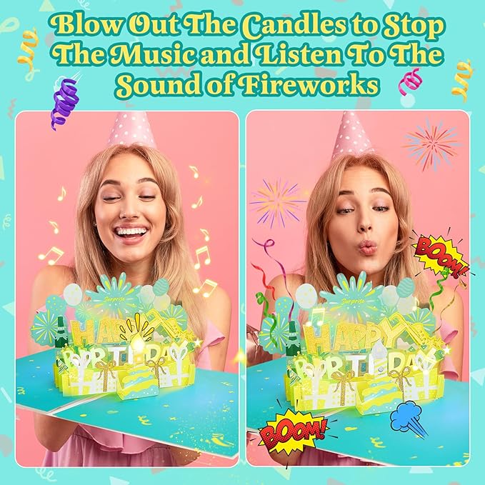 Elegant 3D Pop-Up Birthday Card with LED Lights – Blowable Candle & Music Greeting Card for Women, Mom, Daughter Green Gold