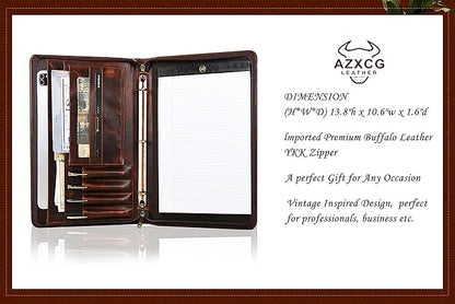 AZXCG Leather Portfolio with Zipper, 3 Ring Binder Resume Padfolio Folder, Professional Planner with A4 Notebook Holders, Business Document Organizer for 13.3" Laptop, Gift for Women/Men, Oil Wax