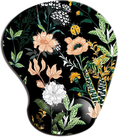 Dooke Ergonomic Mouse Pad with Wrist Support, Cute Mouse Pads with Non-Slip PU Base for Home Office Working Studying Easy Typing & Pain Relief Black Floral