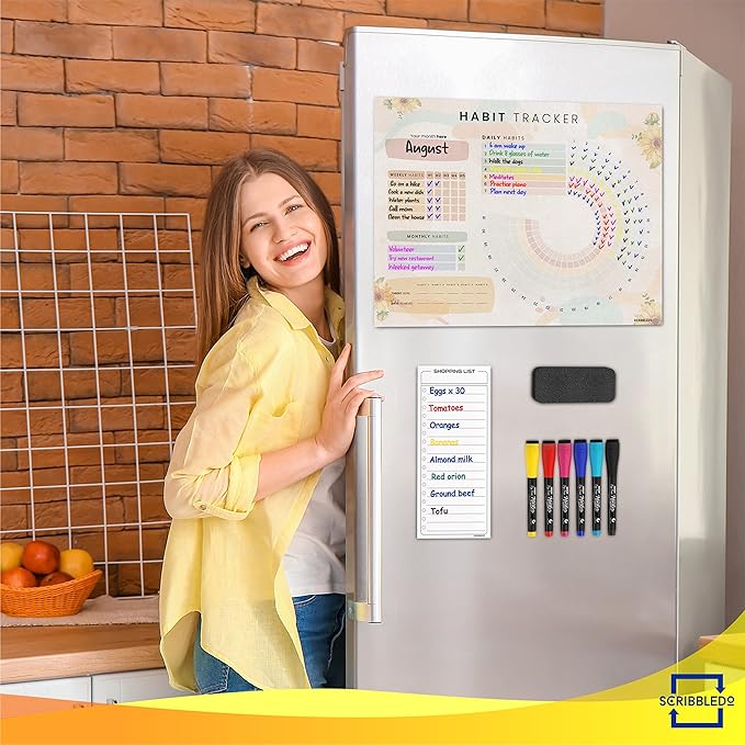 Habit Tracker Journal Workout Motivation Fridge Calendar Dry Erase 13” X 17” Magnet Health Fitness Goal Tracker Goals Board - with Shopping Grocery List - 6 Markers Included