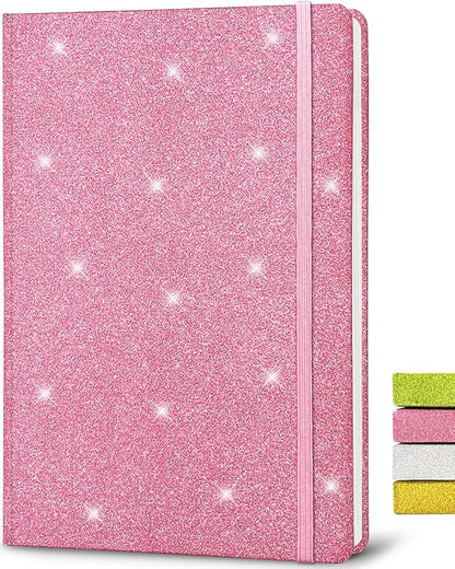 Pink Glitter Notebook, 8.3x5.7” 160 Lined Pages Glitter Never Peel Off Sparkle Journal for Girls College Ruled A5 Hardcover Notebooks for Teens Women Writing Note Taking Office Work School Gifts