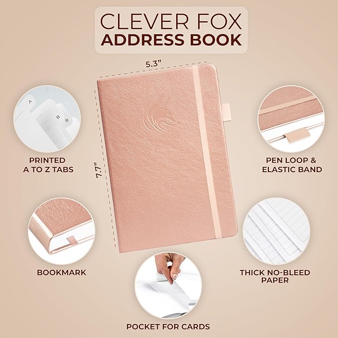Clever Fox Address Book with alphabetic tabs - PU Leather Telephone and Address Book for Keeping Contacts Safe, Contact Organizer Journal, Medium Size (5.3″ x 7.7″) Hardcover, Rose Gold
