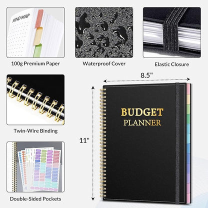 SUNEE Budget Planner - Monthly Budget Book with Expense Tracker Notebook, A4(8.5" x 11") Undated 12 Month Bill Organizer & Finance Planner to Manage Your Money, Account Book with Colorful Tab, Black