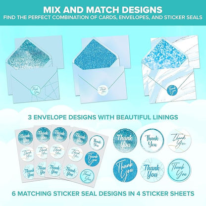 Decorably 24 Pack Glittery 6x4in Light Blue Thank You Cards with Envelopes and Stickers, 24 Elegant Designs, Blank Inside - Wedding, Baby Shower