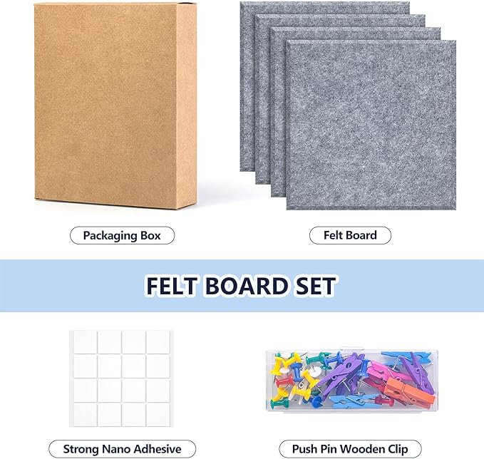 4 Pack Cork Board Tiles 12x12 Inches, 1/2" Thick Felt Cork Squares with 30 Push Pins, Bulletin Board Pin Board, Adhesive Cork Board for for Wall for Home, Office, and Kitchen (Gray)