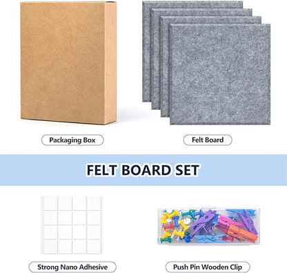 4 Pack Cork Board Tiles 12x12 Inches, 1/2" Thick Felt Cork Squares with 30 Push Pins, Bulletin Board Pin Board, Adhesive Cork Board for for Wall for Home, Office, and Kitchen (Gray)