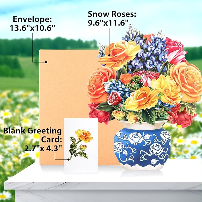 Pop Up Cards,Yellow Orange Roses,12 Inch Forever Flower Bouquet 3D Popup Greeting Cards With Blank Note Card and Envelope,Perfect For Birthday, Christmas, Thanksgiving Day,Mother's Day Gifts