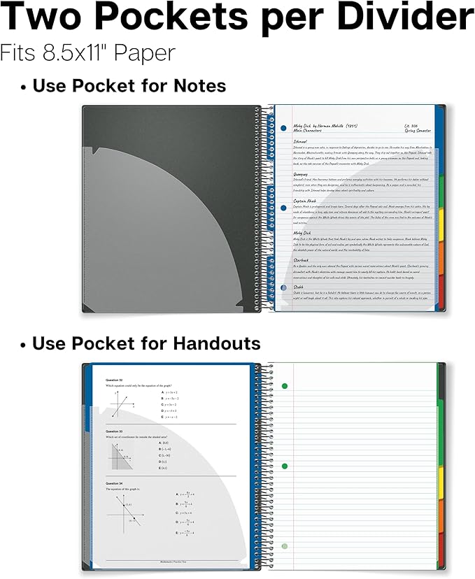 Dunwell 5-Subject Notebook, College Ruled, Colorful Movable Pocket Dividers with Tabs, Front/Back Plastic Covers, 200 Sheets (400 Pages) of 3-Hole Punch Perforated 8.5x11 Paper