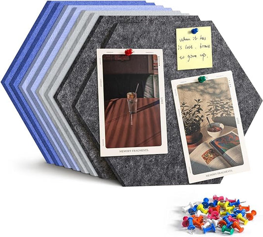 12" Large Bulletin Board with 30 Push Pins, Pack of 8 Hexagon Felt Pin Board Notice Boards for Home Office Kitchen, Felt Wall Tiles for Photos Memos