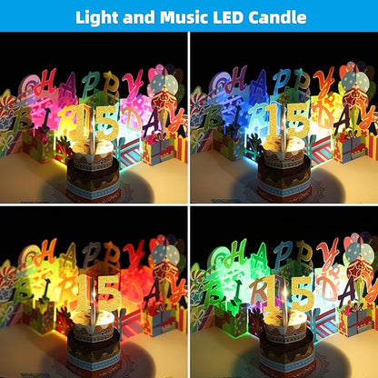 Gumry 15TH Musical Birthday PopUp Card, Blowable Colorful Light Candle 3D Cards with Song, Applause Cheers Sound, Greeting Cards Birthday Gifts Decorations for Girls Boys Turning 15 Years Old