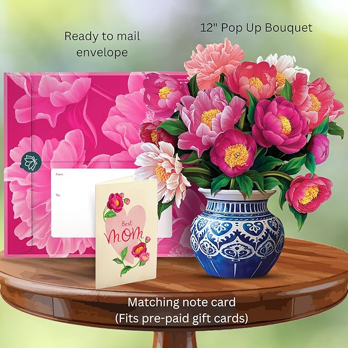 Freshcut Paper Pop Up Cards, Best Mom Peony Paradise, 12 Inch Life Sized Forever Flower Bouquet 3D Popup Greeting Card, Birthday Cards, Mother's Day Card, Blank Notecard