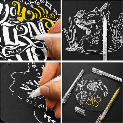 3 Colors Gel Pen Set - White,Gold and Silver Gel Ink Pens for Artists, White Gel Pen, White Ink Pen, White Pens for Black Paper, White Drawing Pens,White Pen for Artists Drawing
