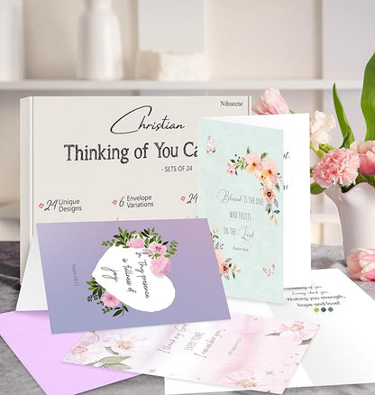 24 Pack Floral Christian Thinking of You Cards with Self-adhesive Envelopes, 4"x6" Boxed Blessing Religious Note Cards with Sentiments Inside, 24 Bible Verses, 24 Desiqns
