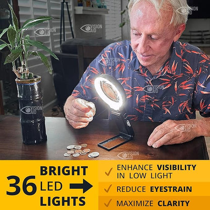 30x Hands-Free Magnifying Glass with USB Rechargeable 36 LED Lights, Storage Case | 40x Loupe Magnifier with Stand for Reading Coins Low Vision