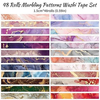 48 Rolls Washi Tape Set - Decorative Masking Tape Colored Marbling Patterns, Adhesive Artists Tapes for Journaling Supplies, DIY Crafts, Scrapbooking, Junk Journal Supplies, School Supplies