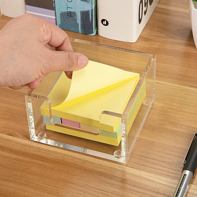 Acrylic Sticky Note Holder 3.9" x 3.9"x 2.4" for Desk Organization Office Home School Post Bank Memo Dispenser (DP012)