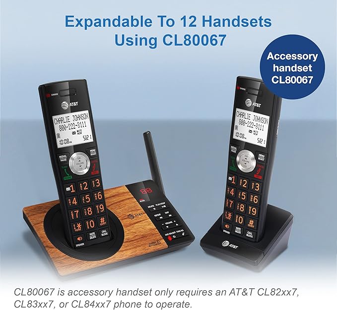 AT&T CL80067 Accessory Handset for CL82x07, CL82x57, CL82x67, CL83x07, CL84x07 Series Cordless Phone for Home with Call Blocking, Caller ID Announcer, Intercom, and Long Range, Black/Wood Grain Finish