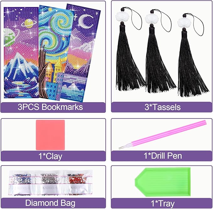 Anseal 3 Pcs 5D Diamond Bookmarks Painting for Adults, Starry Night PU Leather Diamond Art Kits for Adults, Tassel Beaded Book Mark for Graduation Birthday Reading Present