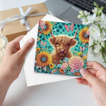 Tontut 6pcs Diamond Art Painting Kit Greeting Card, Sunflower Yellow Cow 5D DIY Diamond Handmade Holiday Greeting Card with Envelope, Holiday Gift Congratulation