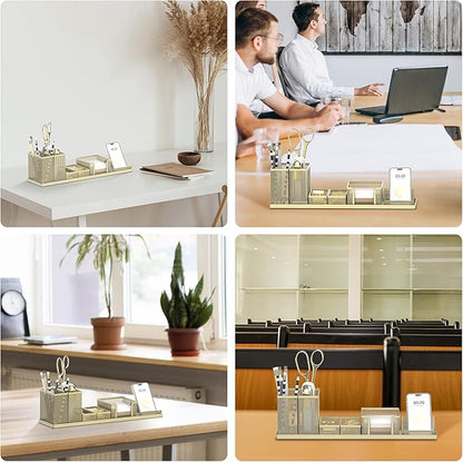 SUPEASY Pen Holder for Desk, 6 Piece Mesh Desk Organizer set, Desk Accessories for Office Organization with Mail Organizer, Letter Phone Holder, Sticky Notes Caddy Storage, Golden Yellow