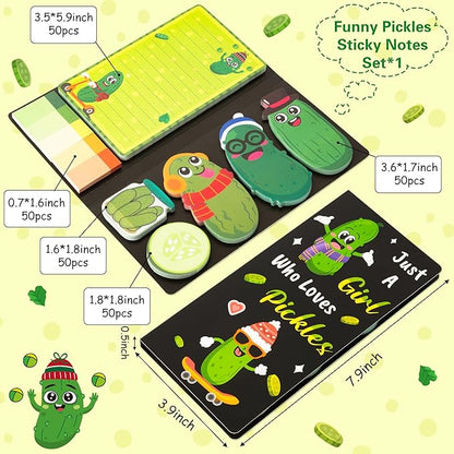 B1ykin Sticky Notes Set - Cartoon Theme Cute Self-Stick Notes Pad Teacher Appreciation Gifts， Self-Adhesive Writing Memo Pages Sticky to Do Notepad for Kids Employee School Office (Pickles)