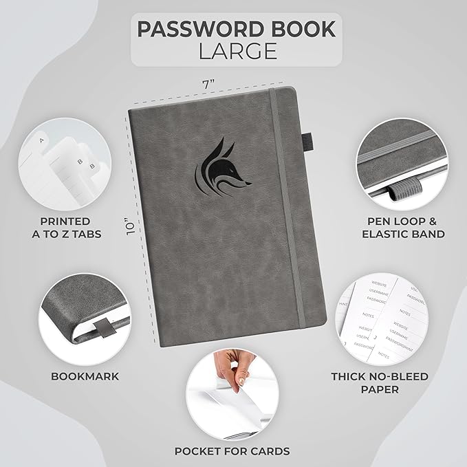 Clever Fox Password Book with Alphabetical tabs. Internet Address Organizer Logbook. Large Password Keeper for Website Logins (Gray)