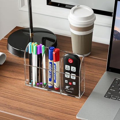 MaxGear 4 Pack Wall Mounted Marker Holder, 3 Compartments Acrylic Organizer for Remotes, Pens, Markers, Clear Desk Pen Holder for Whiteboard Accessories-7.8'' x 1.6'' x 5.5''