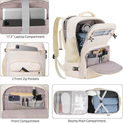 Travel Backpack for Women, Carry On Backpack for Airplanes Flight Approved, Waterproof Large Weekender Overnight Bag Fit 17 Inch Laptop with USB Charging Port, Beige
