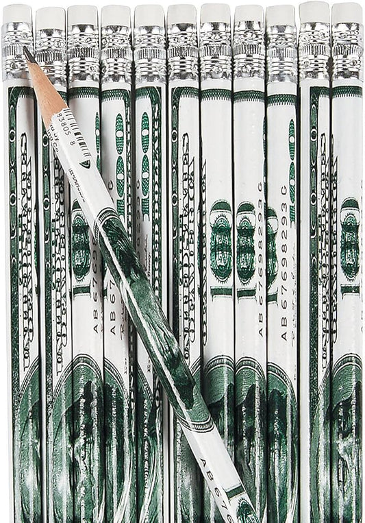 Fun Express 24 ~ Money Pencils ~ Hundred Wrapped Design ~ 7.5" / #2 Lead