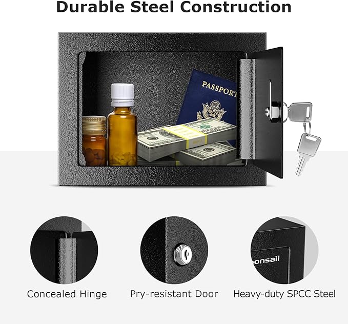 Bonsaii Safe Box with Key Lock, Steel Security Lock Box, 0.23 Cubic Feet, 9.06" W x 6.69" D x 6.69" H, Small Hidden Safe for Cash Jewelry