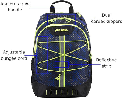 FUEL Hiking Backpack for Women Men Terra Sport, Travel, College, Gym, Work with Laptop Sleeve, Bungee, 18 Inches, Blue Hexagon