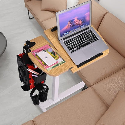 Multifunctional Height Adjustable Table with Wheels | Ultimate Single Workstation, Study Desk, Bedside Table, Recliner Tray Table, Presentation Cart and Laptop Stand | Tilting Tops (Pine White)