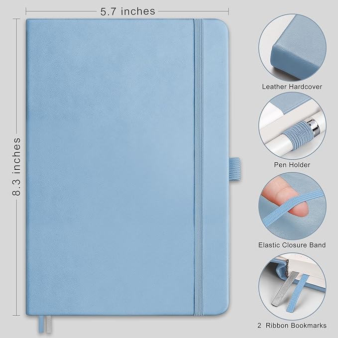 RETTACY Journaling Notebooks, A5 Lined Notebook Journal with 320 Numbered Pages, 5.7'' × 8.3'', Medium Size, Journal Notebook for Writing, Work, Leather Hardcover, 100 GSM Thick Paper (Light Blue)