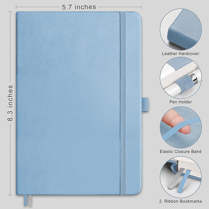 RETTACY Journaling Notebooks, A5 Lined Notebook Journal with 320 Numbered Pages, 5.7'' × 8.3'', Medium Size, Journal Notebook for Writing, Work, Leather Hardcover, 100 GSM Thick Paper (Light Blue)