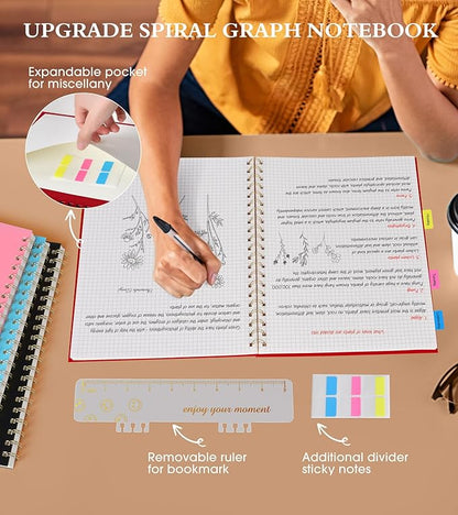 Graph Paper Notebook, Spiral Notebook Journal 8.5” x 11”, A4 Large Grid Notebooks for Women Men, 100 GSM Graph Paper, Plastic Hardcover Spiral Graphing Journals for Work School Engineerin, Red