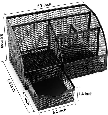 Comix Mesh Pen Pencil Holder Desk Organizer, 7 Compartment Wire Desktop Pen Pencil Cup Caddy Office Supplies for Home Office School, Black