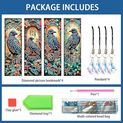 4-Piece Diamond Painting Bookmarks Set for Adults – DIY 5D Rhinestone Art Bookmarks with Tassels, Crow Design Diamond Art Bookmarks for Crafts and Gifts, Ideal Gift for Book Lovers