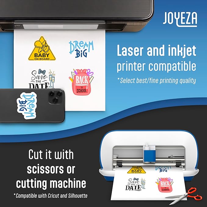 JOYEZA Premium Printable Vinyl Sticker Paper for Inkjet Printer - 80 Sheets Glossy White Waterproof, Dries Quickly Vivid Colors, Holds Ink well - Inkjet & Laser Printer