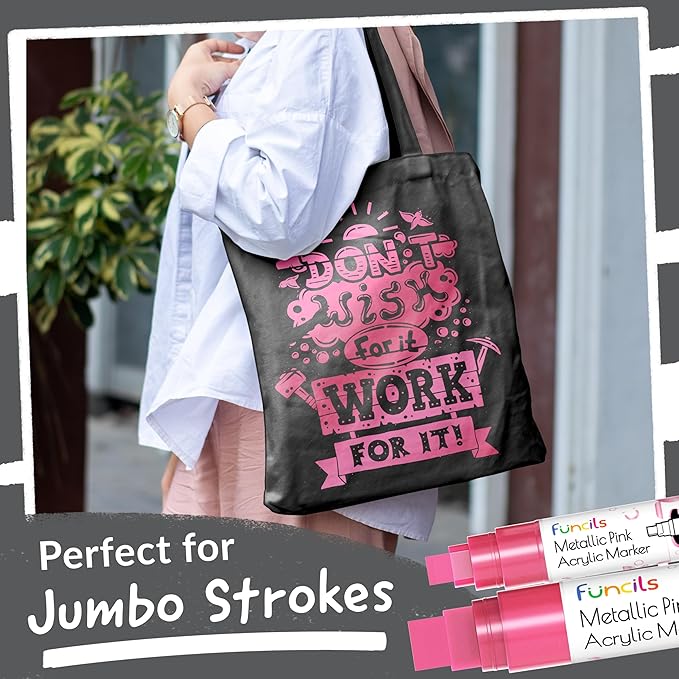 5 Acrylic Metallic Pink Paint Pen - Extra Fine Tip, Thin & Jumbo (1mm, 3mm, 6mm, 10mm, 15mm) - Paint Markers for Metal, Rocks, Plastic, Canvas, Wood, Fabric, Tire, Glass. Pink Permanent Marker