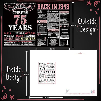 YiKaLus Happy 75th Birthday Card for Friends Bestie, Best 75 Year Old Birthday Gifts Decorations for Women Men, Rose Gold Back In 1949 Card