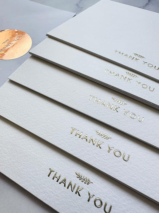 RUN2PRINT (36 Pack) Thank You Cards With Envelopes & Gift of 36 Foiled Stickers - Elegant Emboss Rose Gold Foil Pressed Blank Notes Wedding All Occasion Cards (White)