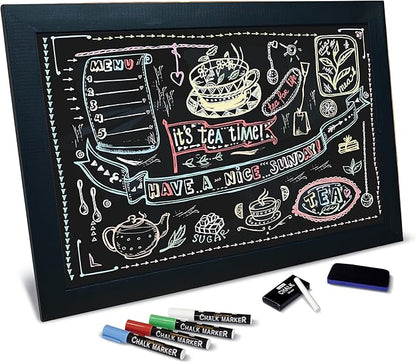 Magnetic Wall Chalkboard, Extra Large Size 20" x 30", Wood Frame, Chalkboard Sign, Vertical or Horizontal Wall Mount, Includes 4 Chalk Markers, Chalk & Eraser, by Better Office Products (Solid Black)