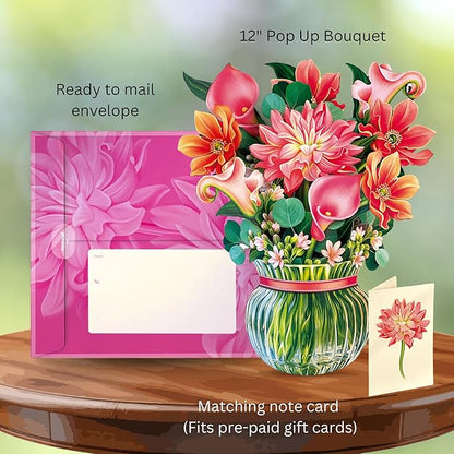 Freshcut Paper Pop Up Cards, Dear Dahlia, 12 Inch Life Sized Forever Flower Bouquet 3D Popup Greeting Card, Birthday Cards, Thank You Card, Blank Notecard & Envelope