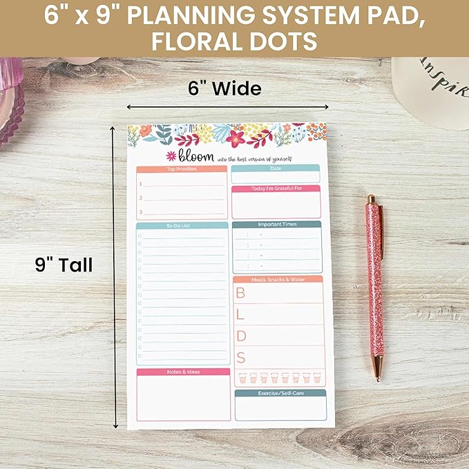 bloom daily planners Daily Planning System Tear Off to-Do Pad - Undated Checklist Notepad Organizer with Perforated Sheets - 6" x 9" (Floral Dots)