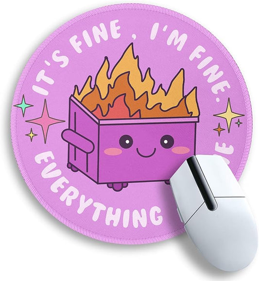 Gctriki Dumpster on Fire Mouse Pad, Cute Round Mouse Pads for Desk, Funny Purple Mousepad for Computer Laptop Gaming, Stitched Edge Non-Slip Rubber Base, Cute Office Desk Accessories Decor for Women